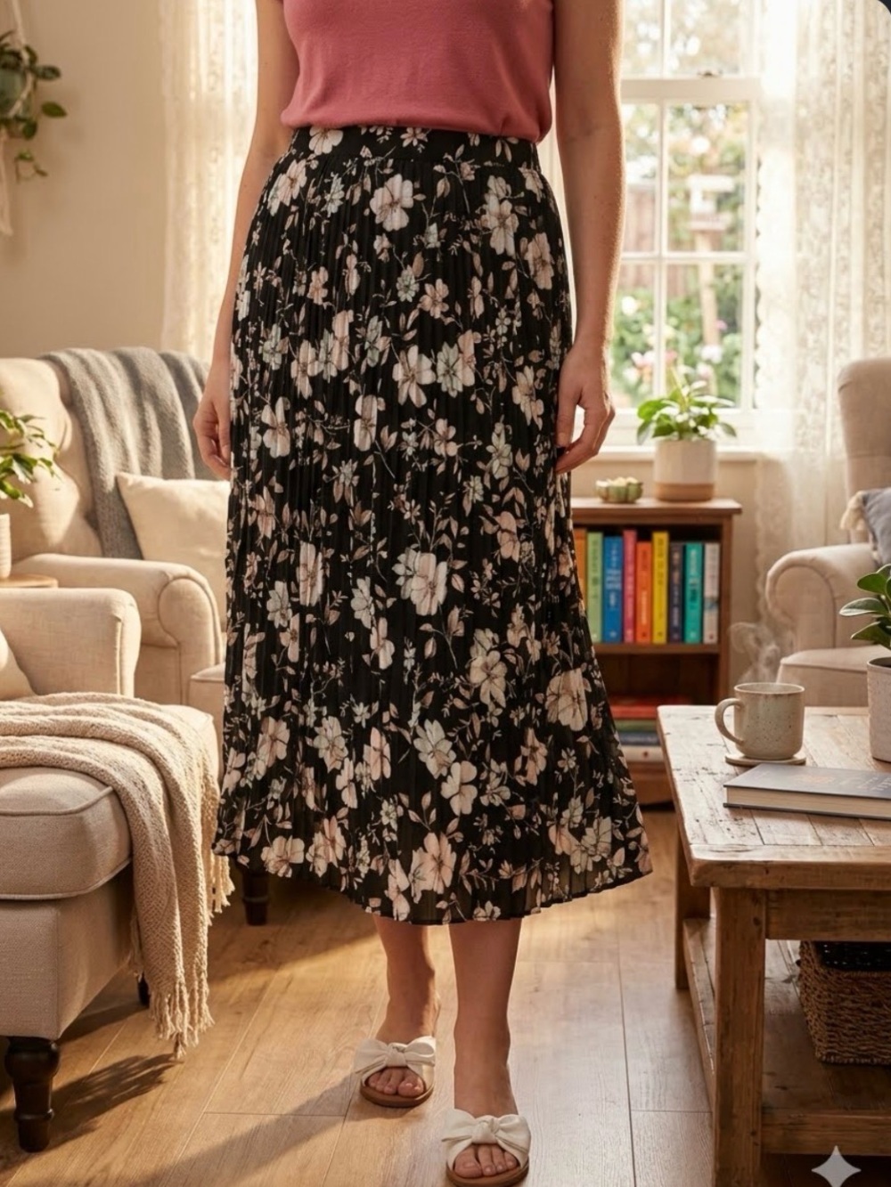 Suzy Shier Pleated Black Floral Midi Skirt